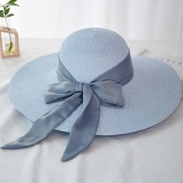 HT2259 Panama New Fashion Ladies Hats Beach Big Ribbon Bow Large Wide Brim Hat Women Summer Packable Floppy Beach Sun Hat Straw Y200602