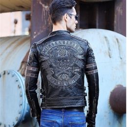 Free shipping.Brand mens skull coat genuine leather Jackets,men's vintage motor biker leather jacket.plus size homme Fitness 201216