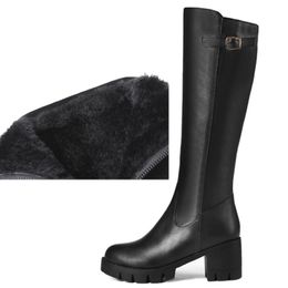 Hohe Schneestiefel für Damen, Winterschuhe, Damen, kniehohe Stiefel, Schnalle, Retro, quadratisch, mittelhoher Absatz, Fell, warme lange Stiefel, Schuhe Damen