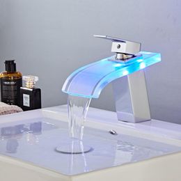 LED Basin Faucet Brass Waterfall Temperature Colours Change Bathroom Mixer Tap Deck Mounted Wash Sink Glass Taps Hot And Cold Tap