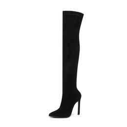 Autumn Winter Women Shoes Pointed Toe Over The Knee High Boots Thin High Heel Slip on Stretch Long Boots Size 34-43