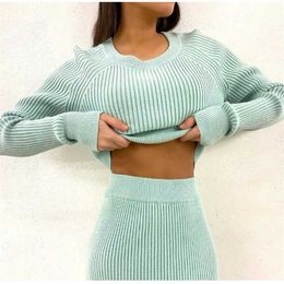 Tracksuit Women's Knitted Sweater Skirt Two Piece Set Women Slim Fit Crop Tops Female Sweater Skirts Suits Womens Outfits 211221