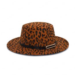 New Leopard Print Flat Top Bowler Hat Winter Autumn Wool Fedora Hat Women Wide Brim Vintage Elegant Lady Jazz Hats