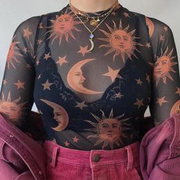 Sun Moon Printed Transparent Mesh Tee Sexy T-shirt Women O-neck Long Sleeve Slim Basic Casual Female Tops Spring