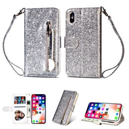 Fashion glittering sequins back zipper stand leather wallet case for iphone 12 11 pro max x xr xs max 6 7 8 plus
