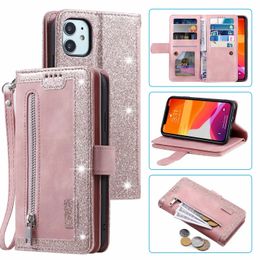 9 Cards Slot Multifunctional Leather Wallet Cases For Iphone 15 14 Pro MAX 13 12 X XS XR 11 8 7 6 Plus Zipper Bling Glitter Sparkle Holder Flip Cover Girls Business Pouch