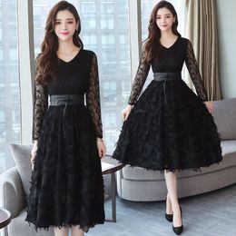 2020 Autumn Winter New Plus Size Vintage Lace Evening Midi Dresses Women Bodycon Korean Black Dress Long Sleeve Runway Vestidos LJ201202