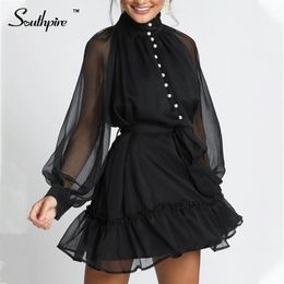 Southpire Women Turtleneck A Line Mini Dress Elegant Black Party Vestidos Long Sleeve Button Ruffle Autumn Winter Chiffon Dress 201030