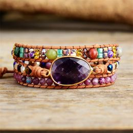 Leather Wrap Bracelets W/ Natural Stone Amethysts Crystals Beaded Triple Statement Art Bracelet Bohemian Jewelry Gifts Y200730