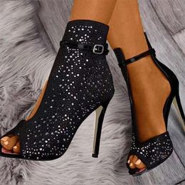 High Heels Peep Toe Shoes Fashion Black Summer Sandals Lace Up Cross-tied Peep Toe High Heel Ankle Strap Net Hollow Out Sandals1