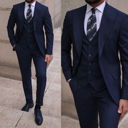 Navy Striped Tuxedos Mens Pants Suits Slim Fit Groom Wedding Prom Party Blazer Overcoat ( Jacket+Vest+Pants)