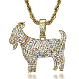 Mens Fashion Necklace Gold Plated Bling CZ Goat Pendant Necklace with 24inch Rope Chain for Mens Hip Hop Jewellery