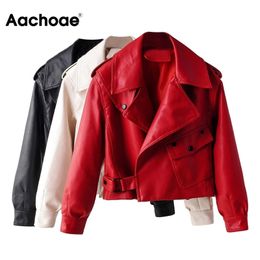 Aachoae Women Solid Faux Leather Jacket High Street Long Sleeve Cropped Tops Lady Turn Down Collar Chic Pocket Coat Outerwear LJ201012