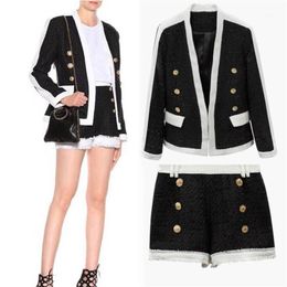 Two Piece Dress Suit Set Black And White Patchwork Women Gold Lion Buttons Double Breasted Tweed Blazer Coat+Wool Tassels Short Suit1