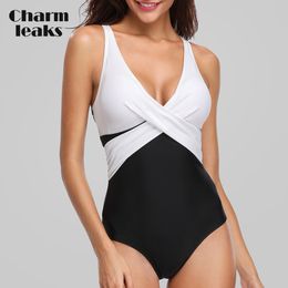 Charmleaks Women One Piece Swimwear Colorblock Swimsuit Cross Bathing Suit Beachwear Monokini Bikini T200708