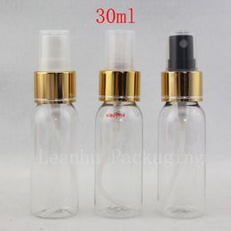 30ML Empty Clear Plastic Bottle With Aluminium Gold Spray Pump ,1.0 oz Fine Mist Nozzle For Personal Care ,Sprayer Bottlesgood package