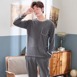 깊은 회색 L-4XL Tracksuit 남자 느슨한 파자마 세트 캐주얼 느슨한 면화 나이트웨어 느슨한 가정 의류 밤 셔츠 + 바닥 바지 201109