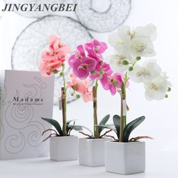 Silk Butterfly Orchid Ceramics Bonsai Artificial Flowers with Leaves Vase Set Home Decor Wedding Decoration Potted Plants 201222