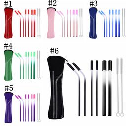 Straw Cutlery Sets Stainless Steel Portable Tableware Reusable Gradient Straws With Silica Gel Head Drinking Straws Brush Bags Sets ZCGY130