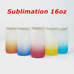 Wholesale! 16oz Sublimation Gradient Frosted Glasses With Wooden Lids&Plastic Straws 6 Colour Straight Blank Water Bottles DIY Heat Transfer Wine Tumblers A12