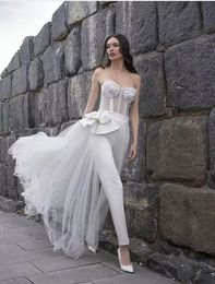 2021 Sexy Illusion Jumpsuits Wedding Dress Bridal Gowns Peplum Ruched Crystal Beads Strapless Sweetheart Bride Outdoor Casual Elopement Dresses