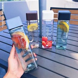 Square simple water Tumblers portable drop-resistant handy cup plastic personality cup transparent leak-proof with lid creative small fresh