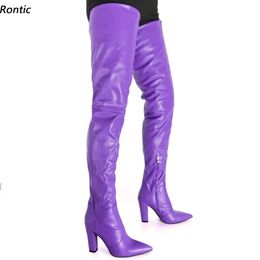 Rontic New Arrival Women Winter Thigh Boots Faux Leather Chunky Heels Pointed Toe Gorgeous Purple Red Party Shoes US Size 5-15