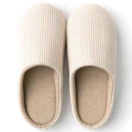 2022 Striped Winter Home Plush Slippers Women Autumn Soft Warm Cotton Shoes Non-slip Men Slides House Indoor Flat Shoes Couples W220218