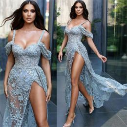 Sexy Side Split Prom Dresses Full Appliqued Lace Sleeveless A Line Evening Dresses Spaghetti Strap Formal Pageant Dress Custom Made