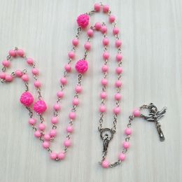 Christian Jewelry Vintage Cross Long Pink Acrylic Rosary Necklace For Women Gifts