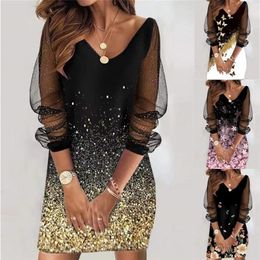 Elegant Retro Print Sequined Mesh Party Dres's Spring and Summer Clothing V Neck Sexy Casual Vestidos Long Sleeve Dresses 220311