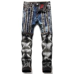 Men Ripped Pleated Jeans Pants Patchwork Stretch Denim Trousers For Male Hip Hop Streetwear Stitching Colour matching Slim Stretch Jeans