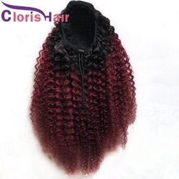Burgundy Ombre Human Hair Ponytail Drawstring Peruvian Virgin Afro Kinky Curly Extensions Clip Ins For Black Women 1B 99J Coloured Ponytails