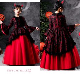 Black And Red Girls First Holy Communion Dresses Juliet Long Sleeve Lace Princess Halloween Christmas Party Dress For Little Girl