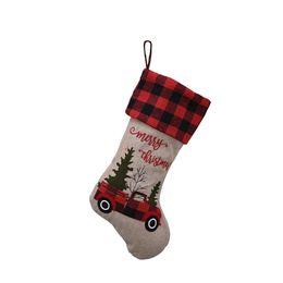 Christmas Stocking 18" Embroidered Linen Buffalo Plaid Red Truck Hooked Xmas Stocking Christmas Decorations and Party Accessory JK2010PH