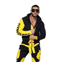 new European and American sports casual suit for men monochromatic pants hooded zipper jacket Mextonmen autumn/winter style 201201