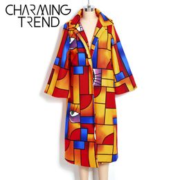 Chic ethnic style stitching Woollen women's Coat winter spring printed lapel long sleeve Pop retro fashion ladies jacket 201103