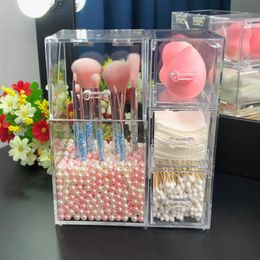 Acrylic Makeup Brushes Holder with Drawers for Cotton Pads/Swab/Blender Makeup Brush Kit Organizer Cosmetics Storage Box Y200111