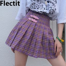 Flectit Purple Plaid Pleated Mini Skirt High Waisted With Buckle Kawaii Short Skirt Preppy Style School Outfits * T200712