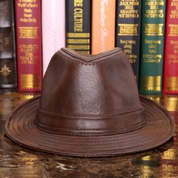 Male 100% Genuine Leather Jazz Hat Adult Fedoras Hat Male Sheepskin Fedoras Cap Men's Wide Brim Leather Cowboy Hat B-7284 Y200110