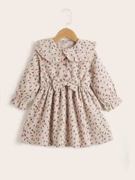 Toddler Girls Ditsy Floral Print Peter-pan Collar Flounce Sleeve Corduroy Dress SHE