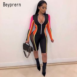 Beyprern Fashion Womens Mesh Patchwork Zipper Front Romper Sporty Multicolor Skinny Short Jumpsuit Overalls Night Out Playsuits T200704