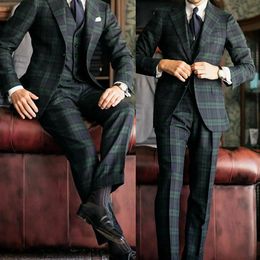 Plaid Business Tuxedos Mens Pants Suits Fashion Straight Groom Wedding Prom Party Blazer Overcoat ( Jacket+Vest+Pants)