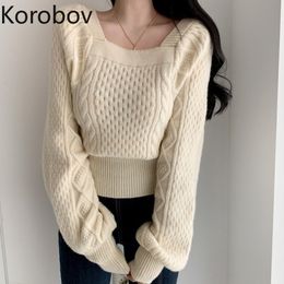 Korobov Autumn Women Square Collar Pullovers Sweet Long Sleeve Sweaters Vintage Preppy Style Sueter Mujer 201109