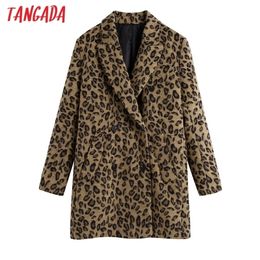 Tangada Women Autumn Winter Leopard Print Woolen Coat Thick Long Sleeves Pocket Ladies Elegant Overcoat BE343 201216