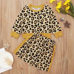 INS fashion leopard print girls suits girls outfits long sleeve T shirt Tops+skirts 2pcs/set girls boutique outfits girl clothes