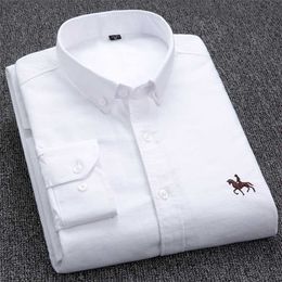 100% Cotton Oxford Shirt Men's Long Sleeve Embroidered Horse Casual Without Pocket Solid Yellow Dress Men Plus Size 5XL6XL 220118