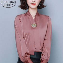 Spring New Solid Satin Bow Metal Buckle Plus Size Women Tops Long Sleeve Chiffon Women Blouses Blusas Mujer De Moda 7206 50 201202