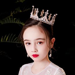 Luxury Gold Pearl Kids Crown Crystal Rhinestone Round Tiara Crowns For Child Girls Women Princess Diadems Wedding Hair Jewelry J0113