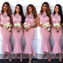 2020 Sexy Mermaid Baby Pink Bridesmaid Dresses Lace Appliques Illusion Cap Sleeves High Low Tea Length Satin For Wedding Maid of Honor Gown